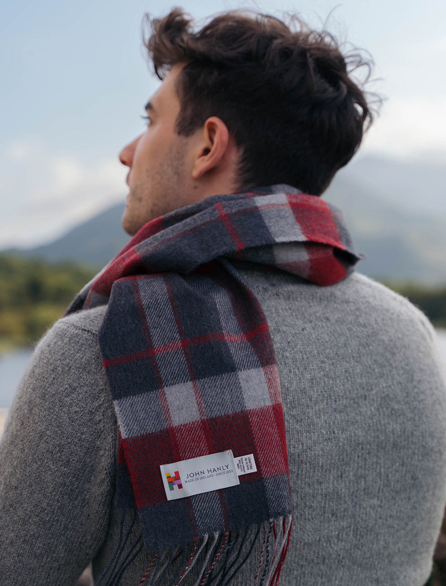 Fine Merino Plaid Scarf - Charcoal Red White 