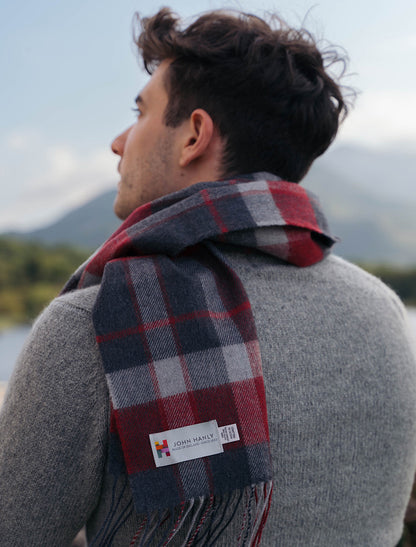 Fine Merino Plaid Scarf - Charcoal Red White 