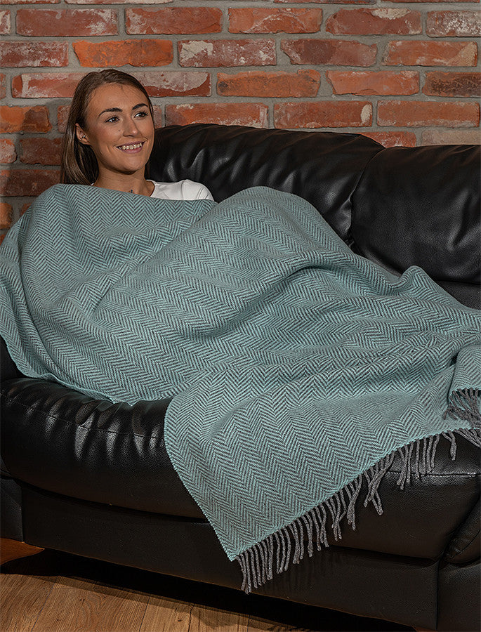 Cashmere Wool Throw - Pale Blue Herringbone