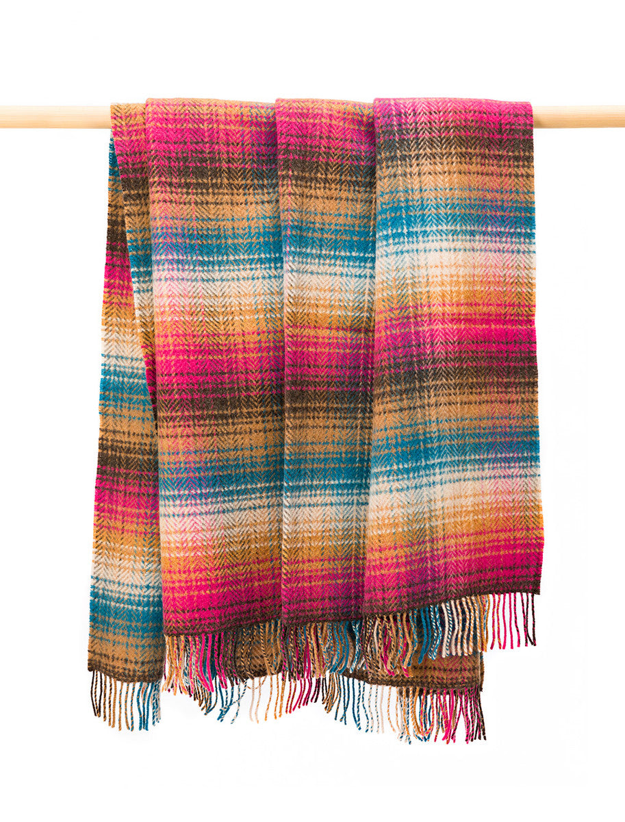 Luxury Cashmere Wool Throw - Pink Orange &amp; Teal