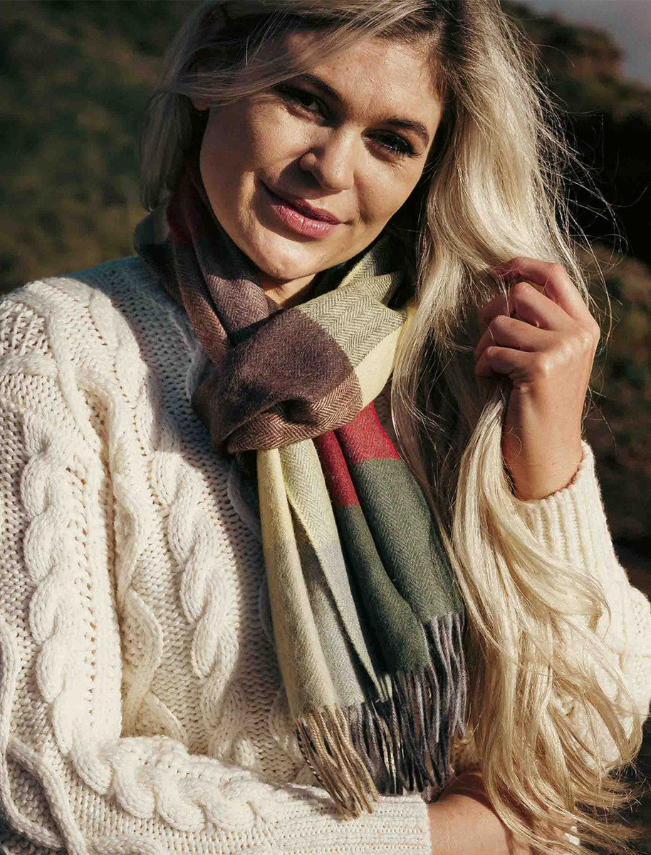 Fine Merino Plaid Scarf - Green Gold &amp; Red