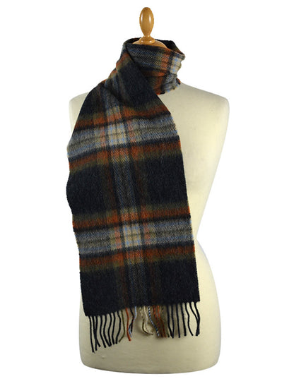 Narrow Lambswool Checked Scarf - Grey Rust 