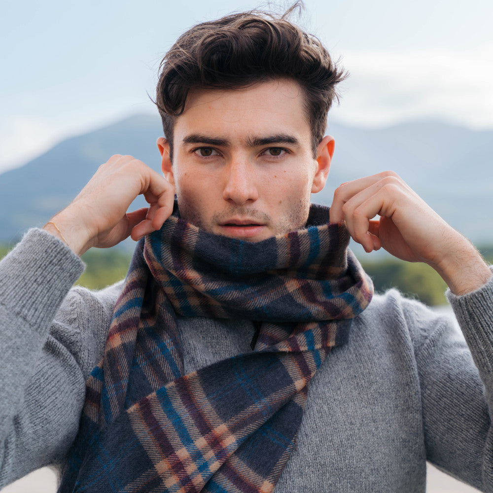 Fine Merino Plaid Scarf - Grey Beige Cranberry