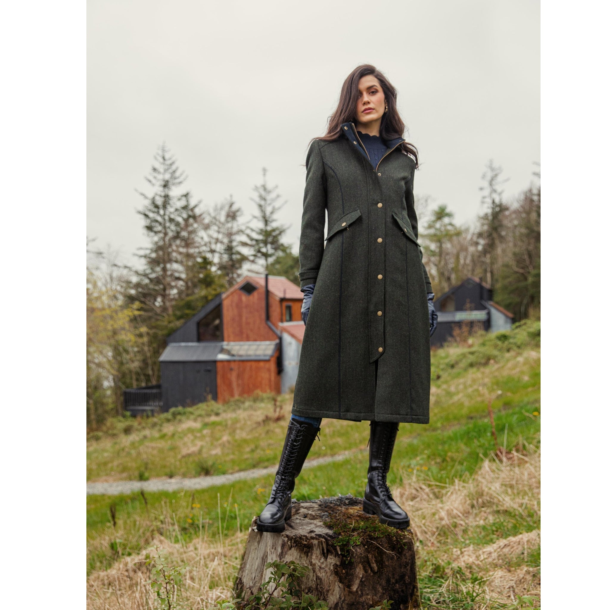 Julia Long Tweed Coat - Navy Herringbone | Weavers Of Ireland