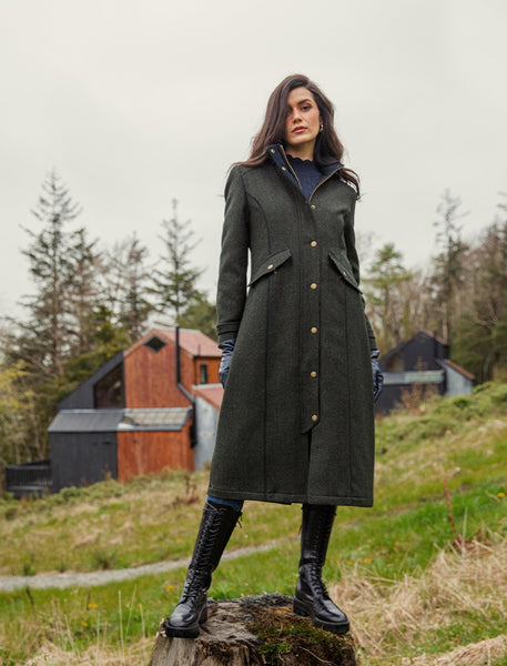 Julia Long Tweed Coat - Navy Herringbone | Weavers Of Ireland