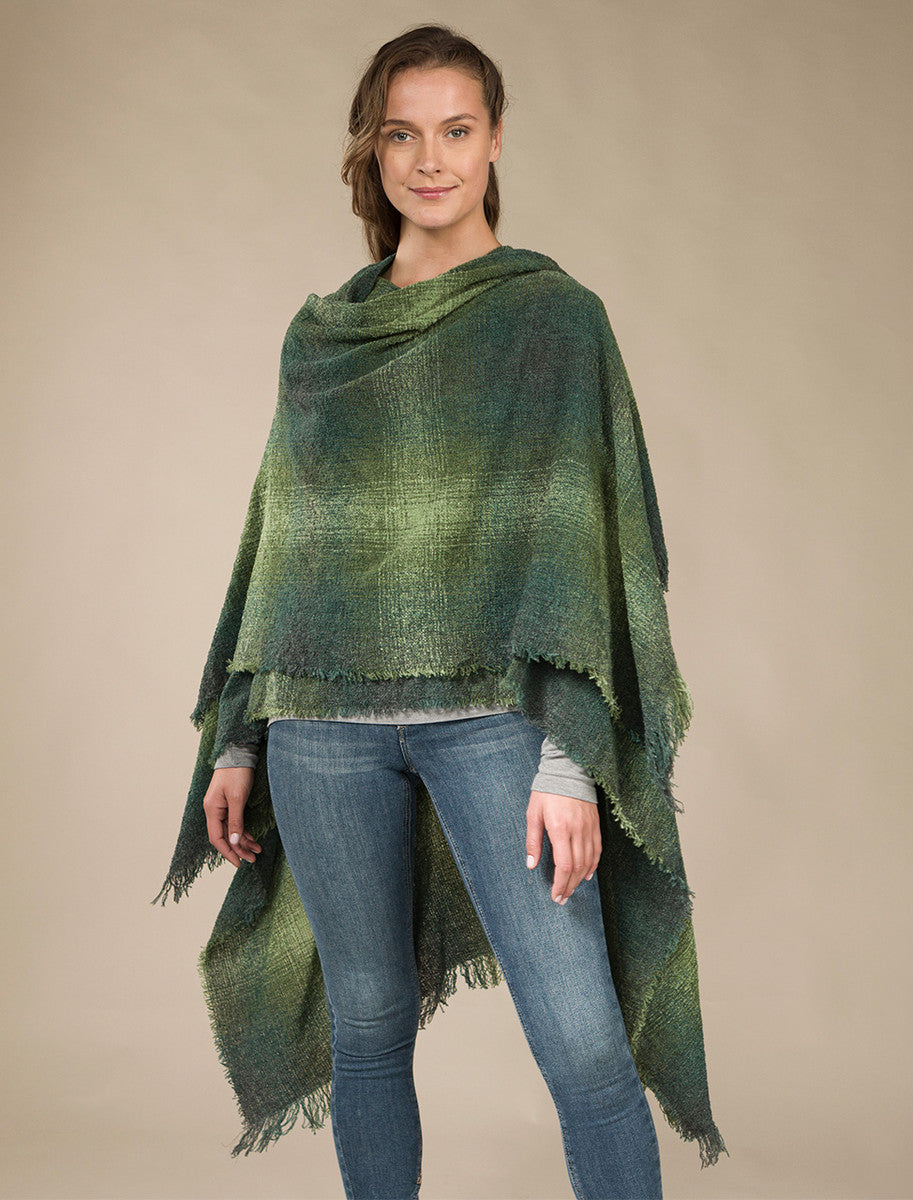 Lambswool Celtic Ruana Wrap - Green Checks