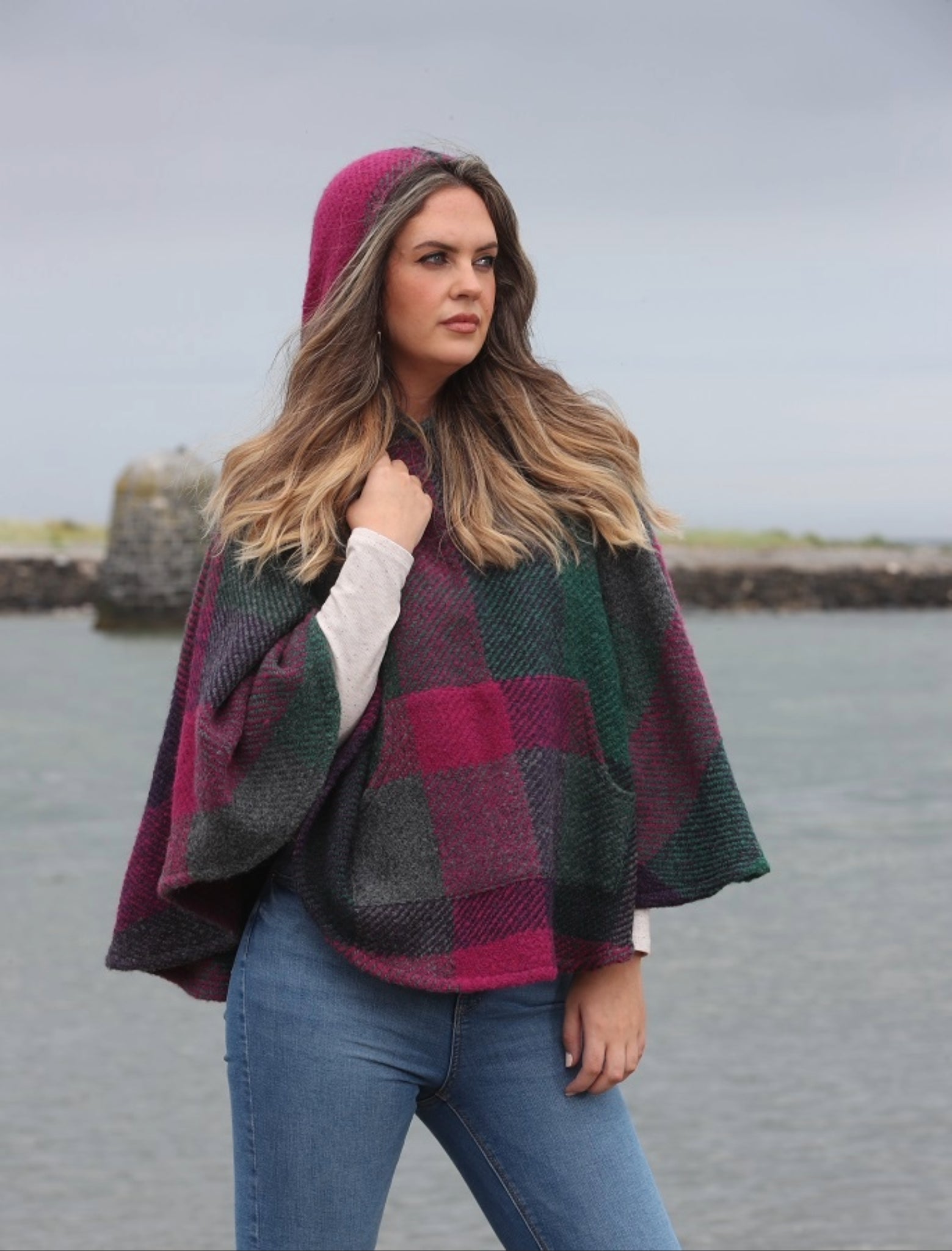 Cheryl Herringbone Hooded Poncho - Kildare Multi-Beige | Branigan