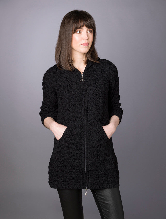 Hooded Coatigan with Celtic Knot Zipper Pull - Black 