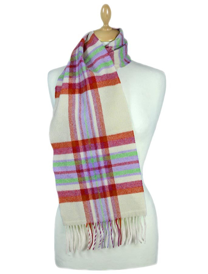Narrow Lambswool Plaid Scarf - Berries and Cream