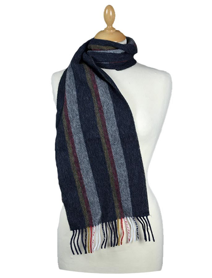 Narrow Lambswool Striped Scarf - Black Red Gold Herringbone