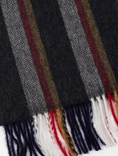 Narrow Lambswool Striped Scarf - Black Red Gold Herringbone