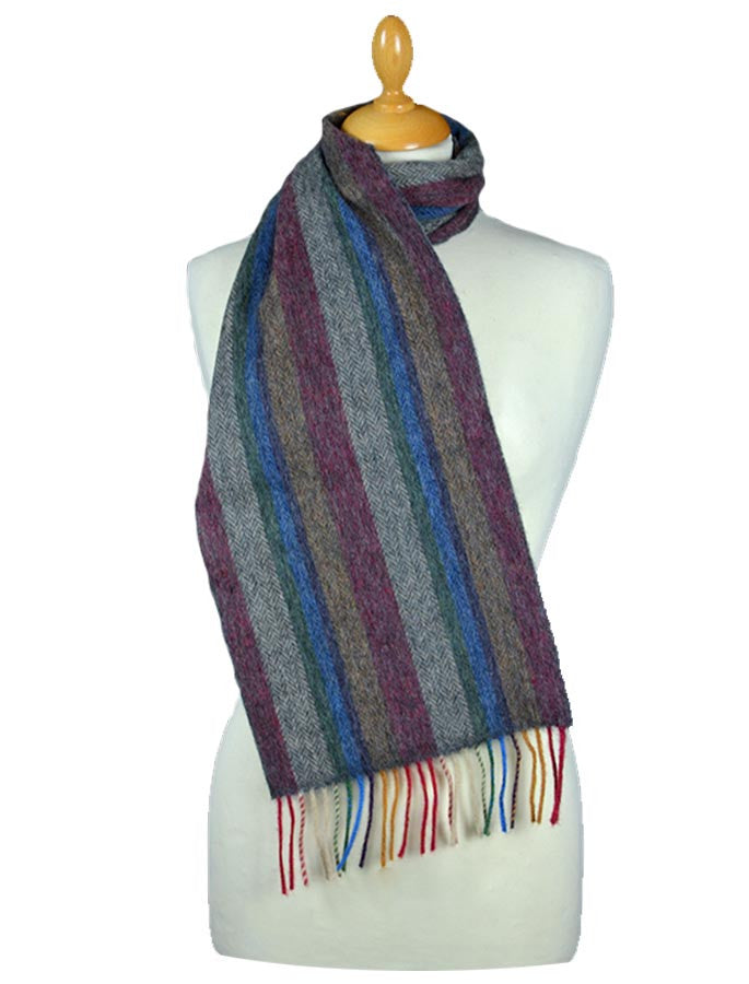 Narrow Lambswool Striped Scarf - Multi-Colour Herringbone