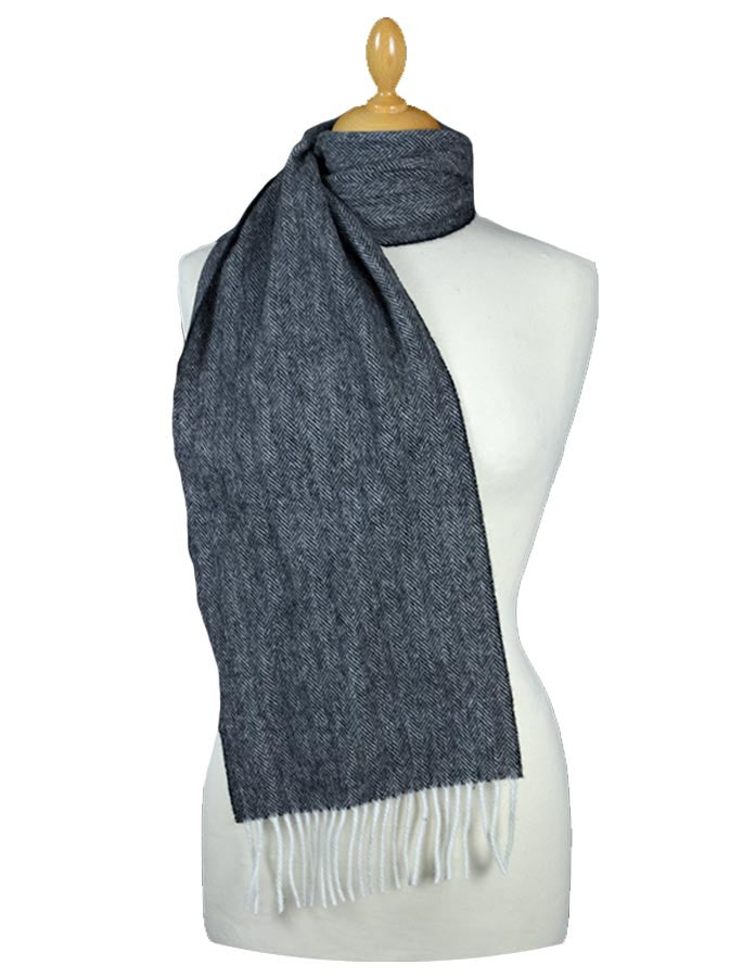 Narrow Lambswool Scarf - Grey Herringbone