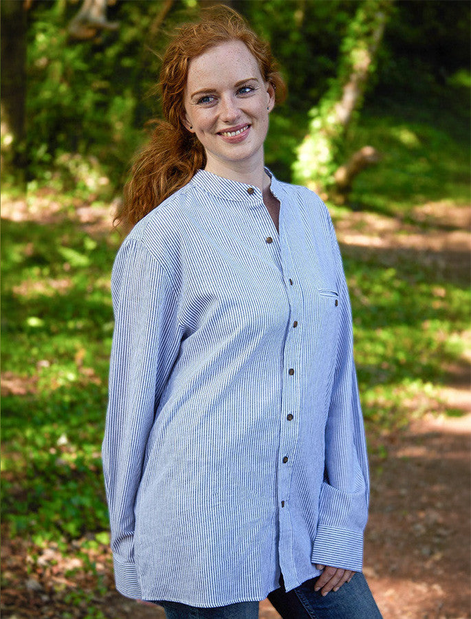 Ladies Irish Linen Grandfather Shirt - Navy &amp; White Stripe