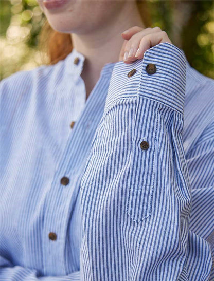 Ladies Irish Linen Grandfather Shirt - Navy &amp; White Stripe