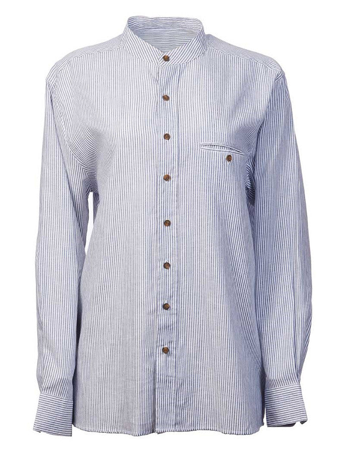 Ladies Irish Linen Grandfather Shirt - Navy &amp; White Stripe