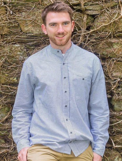 Irish Linen Grandfather Shirt - Navy &amp; White Stripe