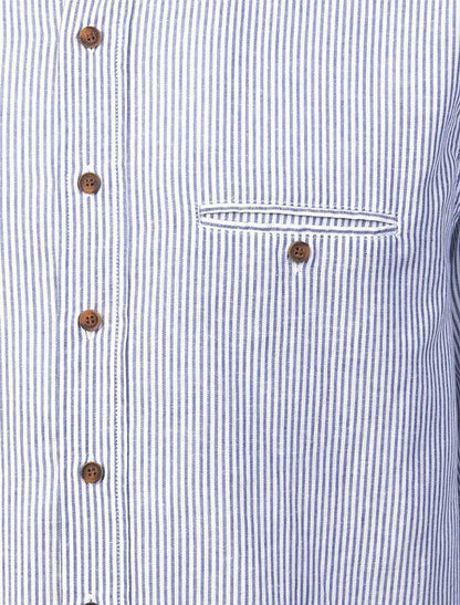 Irish Linen Grandfather Shirt - Navy &amp; White Stripe