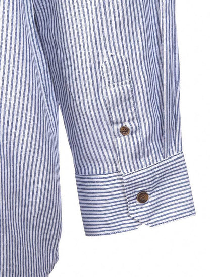 Irish Linen Grandfather Shirt - Navy &amp; White Stripe