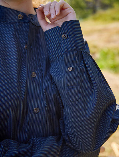 Ladies Comfort Cotton Grandfather Shirt - Navy &amp; White Stripe