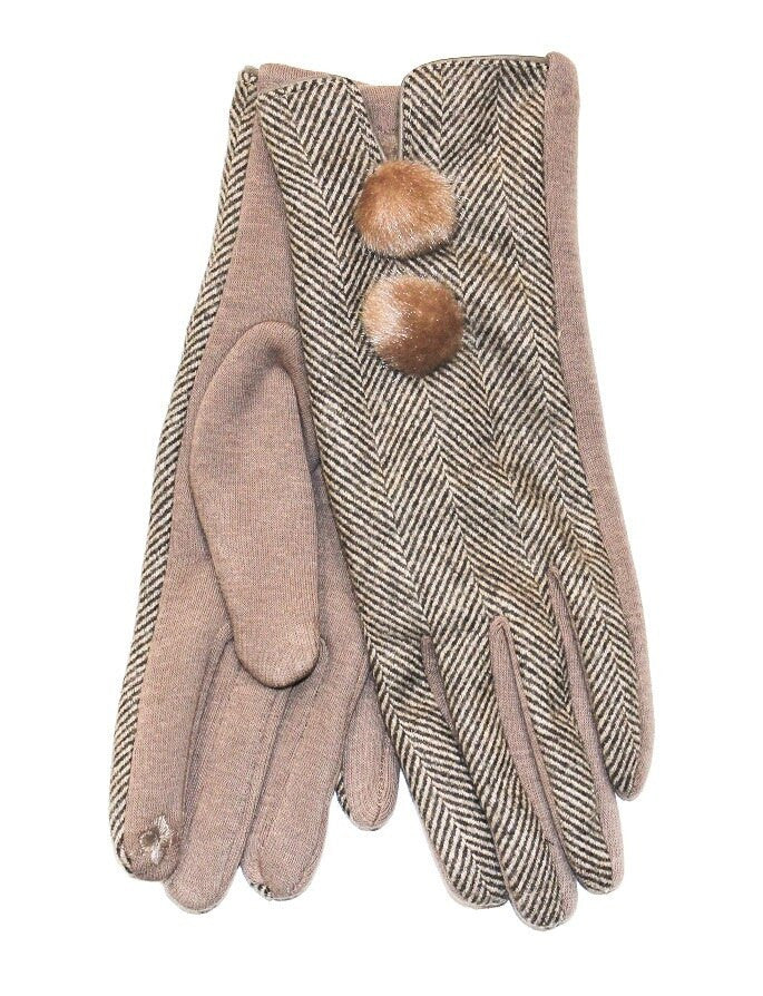 Ladies Double Pom Pom Gloves - Camel Herringbone 