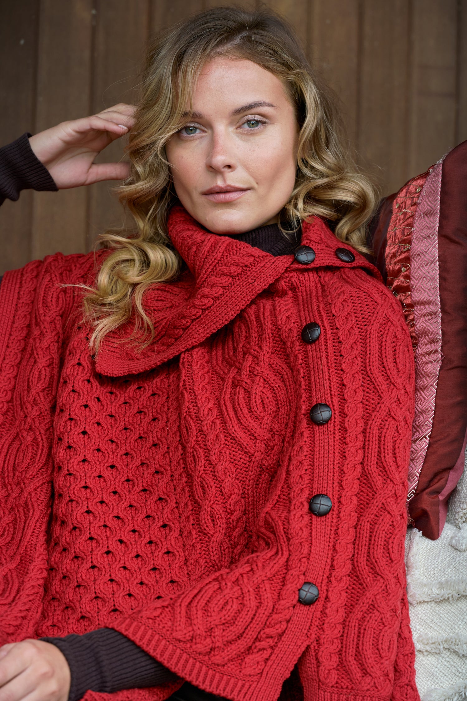 Ladies Merino Button Poncho - Natural White 