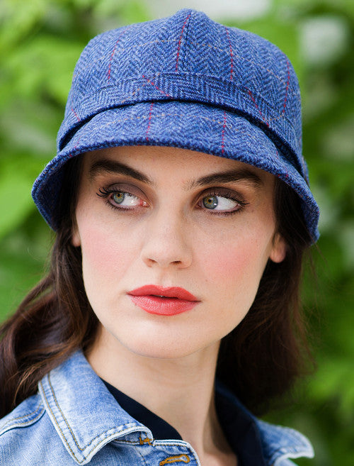 Ladies Tweed Flapper Cap- Blue with Red 