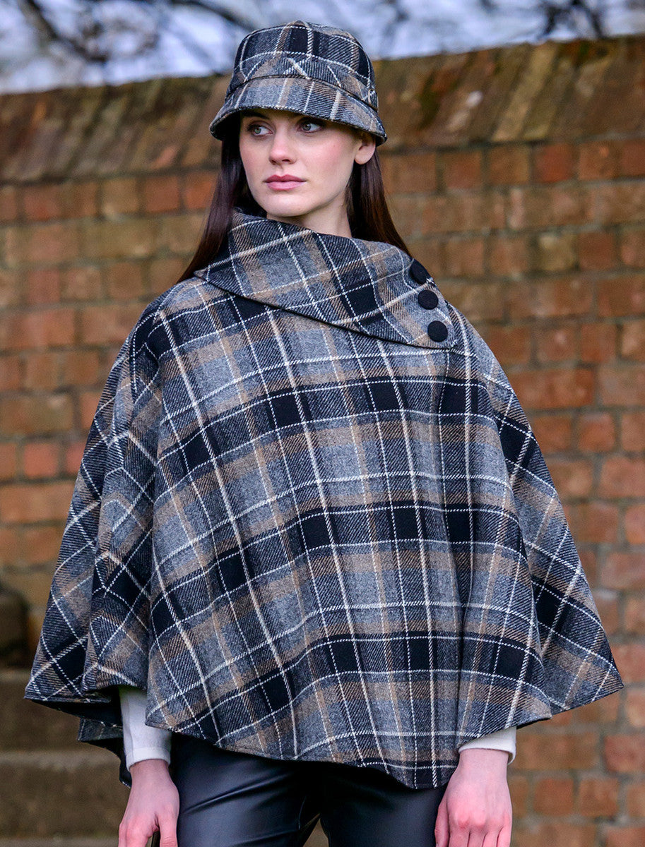 Ladies Tweed Flapper Cap - Grey &amp; Black Plaid 