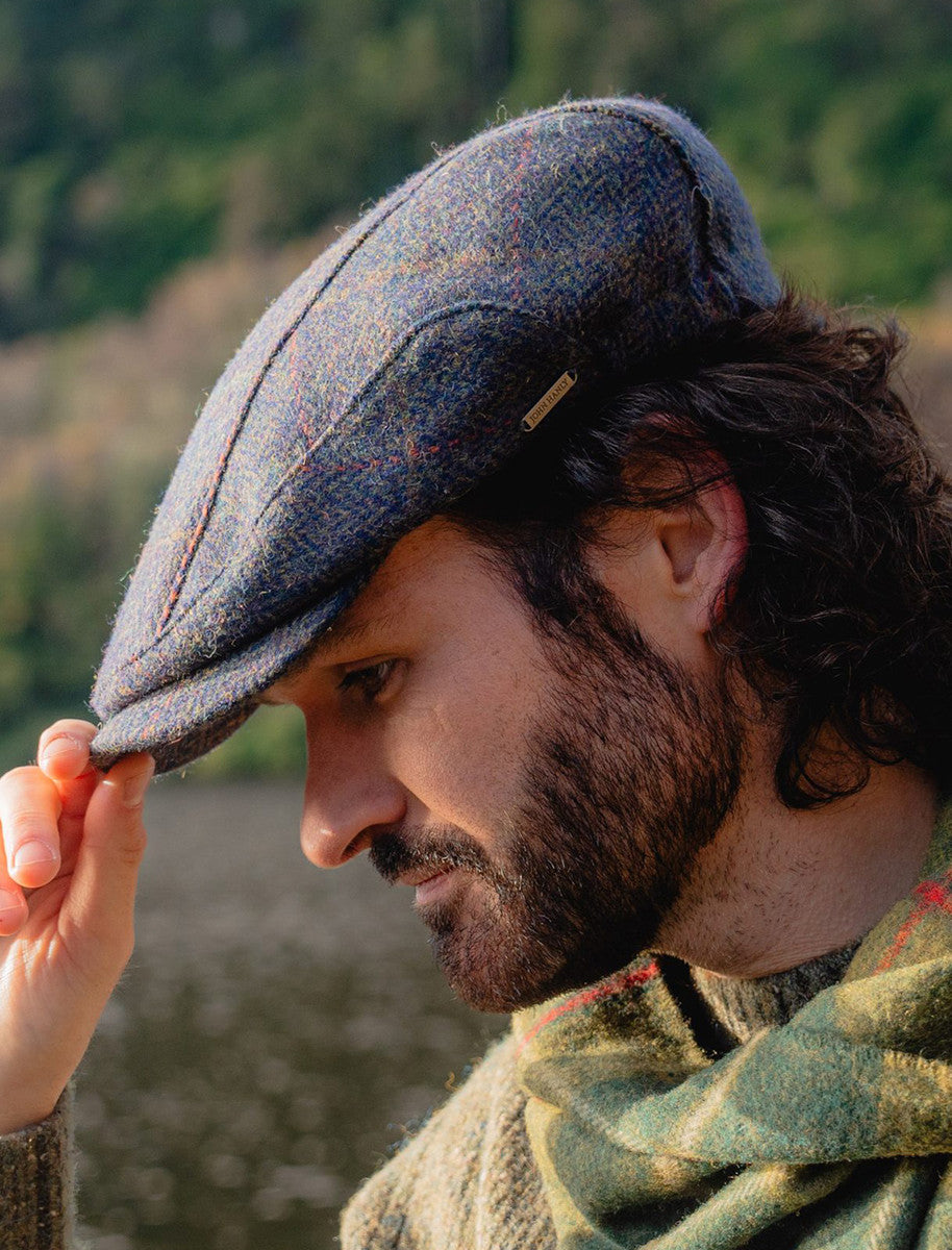 Pure Wool Tweed Driving Cap - Navy Green Windowpane 