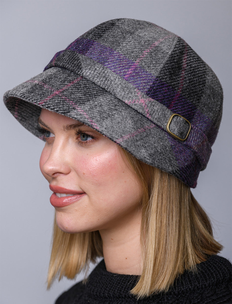 Ladies Tweed Flapper Cap - Charcoal, Grey &amp; Purple