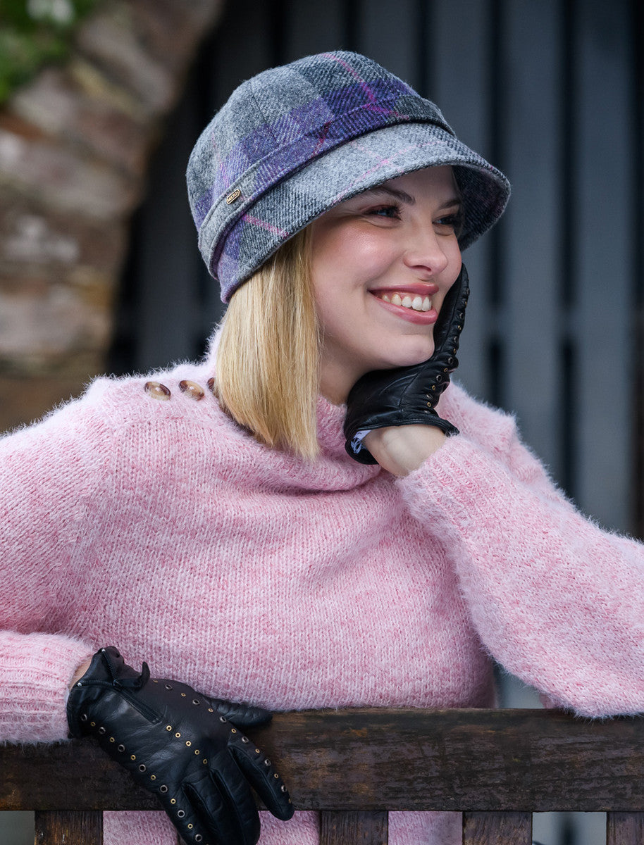 Ladies Tweed Flapper Cap - Charcoal, Grey &amp; Purple