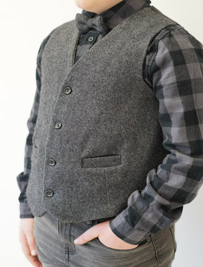 Boys Grey Herringbone Irish Tweed Waistcoat