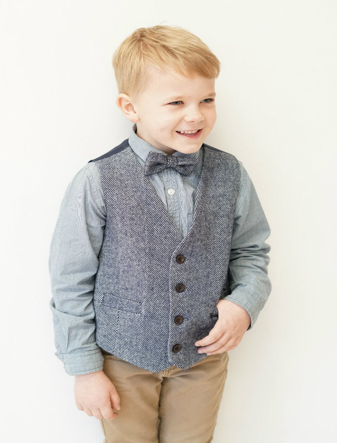 Boys Navy Herringbone Irish Tweed Waistcoat