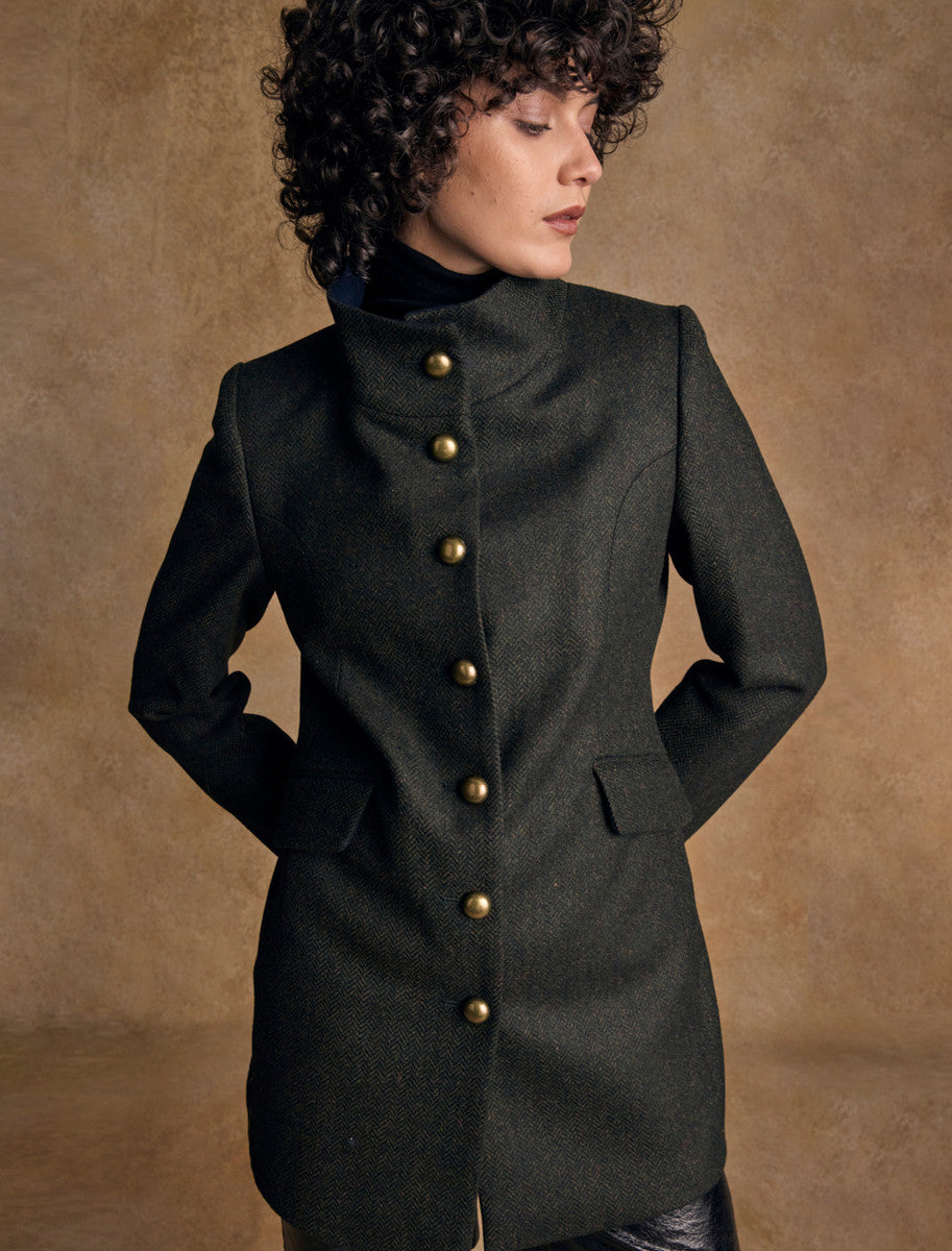 Lynn Tweed Coat - Deep Green Herringbone 