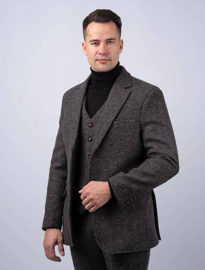 Smoke Herringbone Tweed Jacket with Moleskin Trim