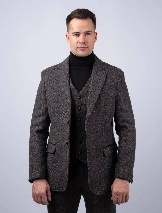 Smoke Herringbone Tweed Jacket with Moleskin Trim