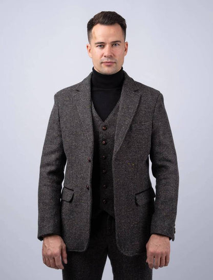 Smoke Herringbone Tweed Jacket with Moleskin Trim