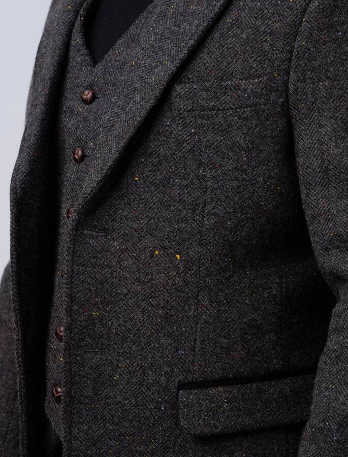 Smoke Herringbone Tweed Jacket with Moleskin Trim