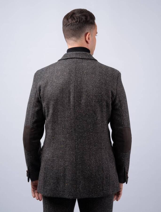 Smoke Herringbone Tweed Jacket with Moleskin Trim
