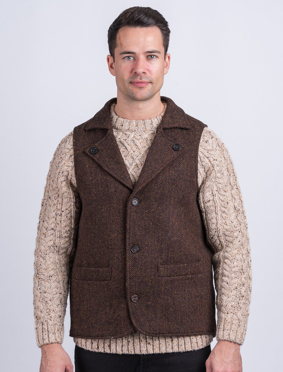 Aran Wool Tweed Waistcoat With Revere - Brown 