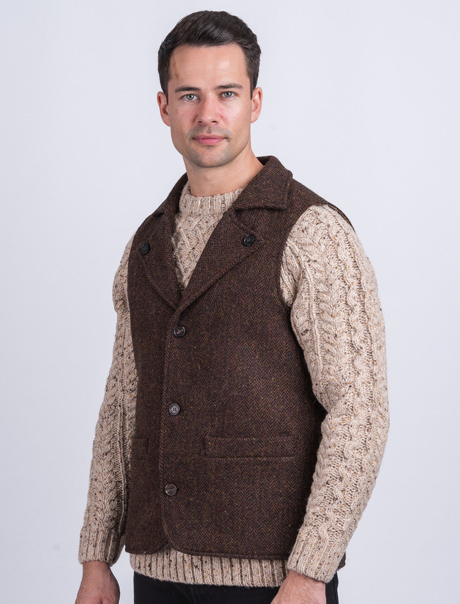 Aran Wool Tweed Waistcoat With Revere - Brown 