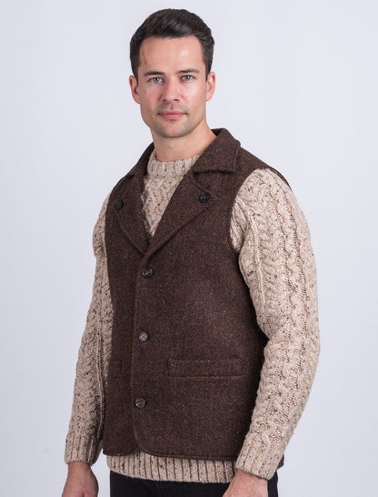 Aran Wool Tweed Waistcoat With Revere - Brown 