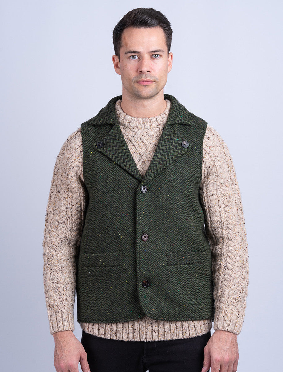 Aran Wool Tweed Waistcoat With Revere - Green 