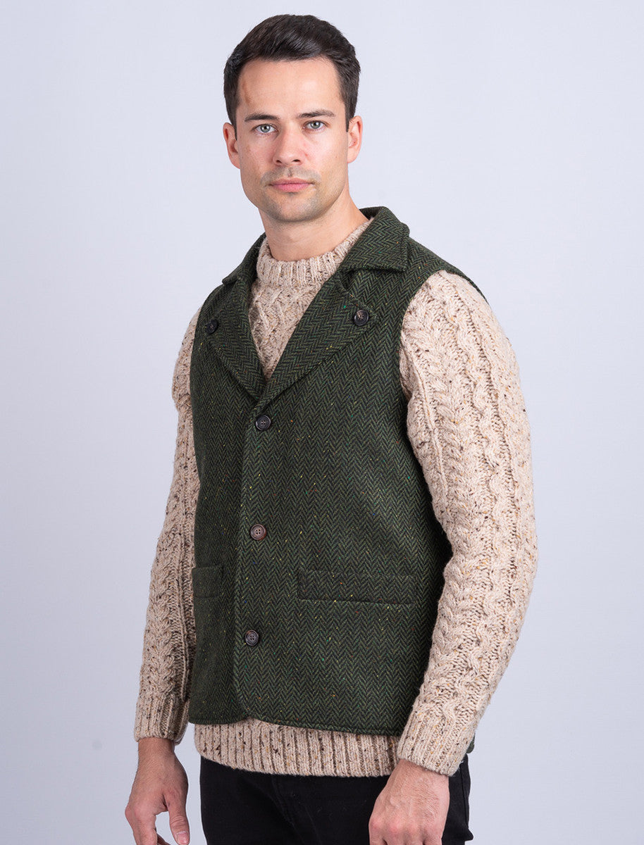 Aran Wool Tweed Waistcoat With Revere - Green 