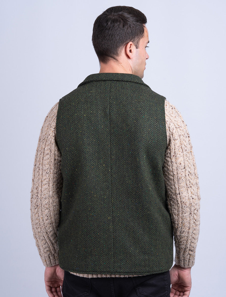 Aran Wool Tweed Waistcoat With Revere - Green 