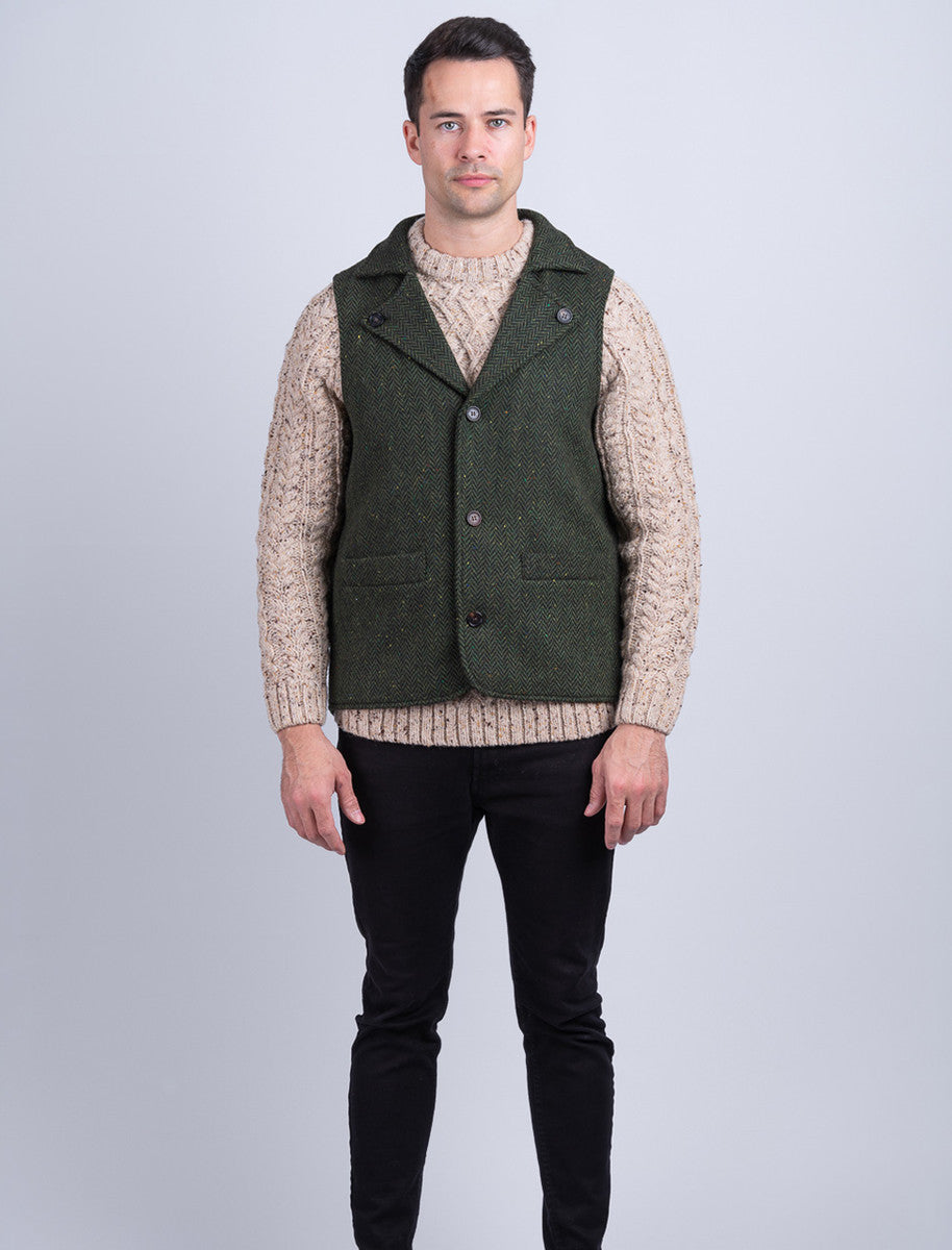 Aran Wool Tweed Waistcoat With Revere - Green 
