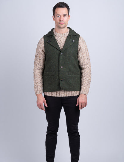 Aran Wool Tweed Waistcoat With Revere - Green 