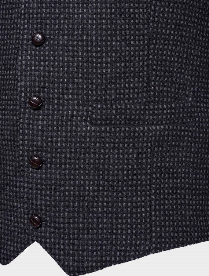 Black and Grey Night Check Tweed Waistcoat With Lapel