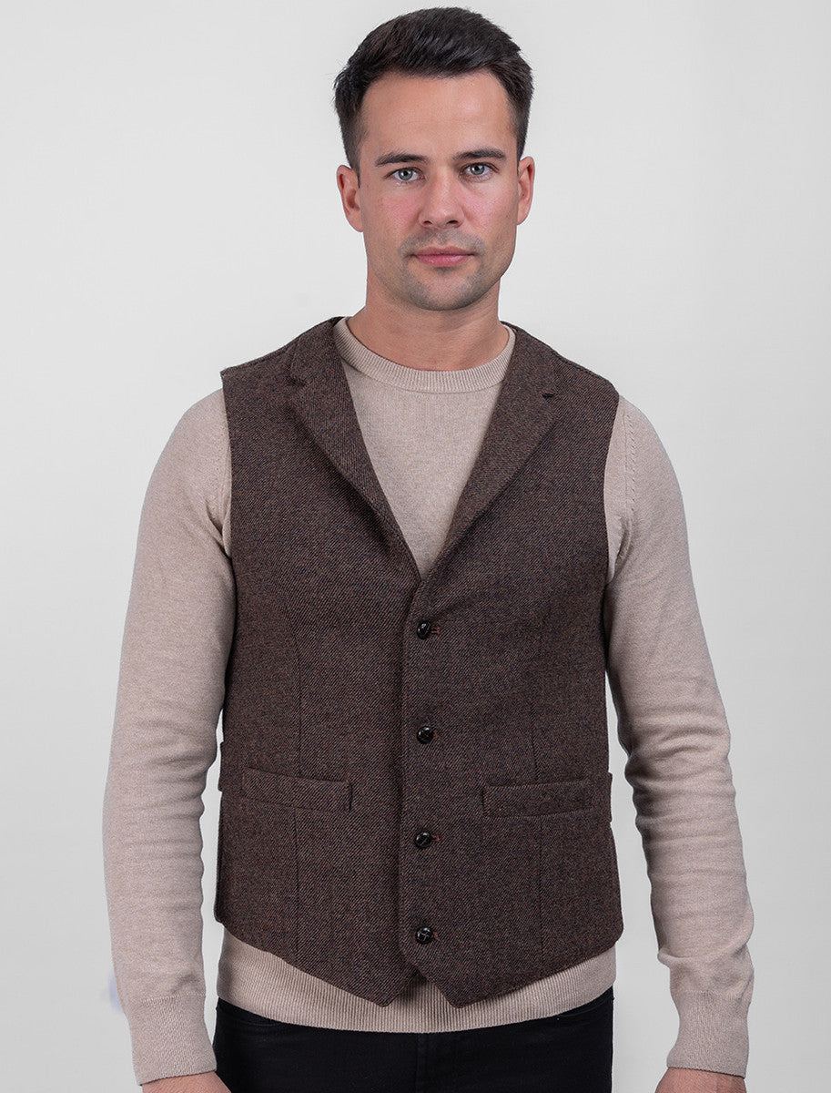Burns Wool Tweed Waistcoat With Revere - Brown 