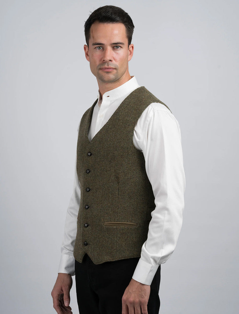 Moss Green Herringbone Tweed Waistcoat